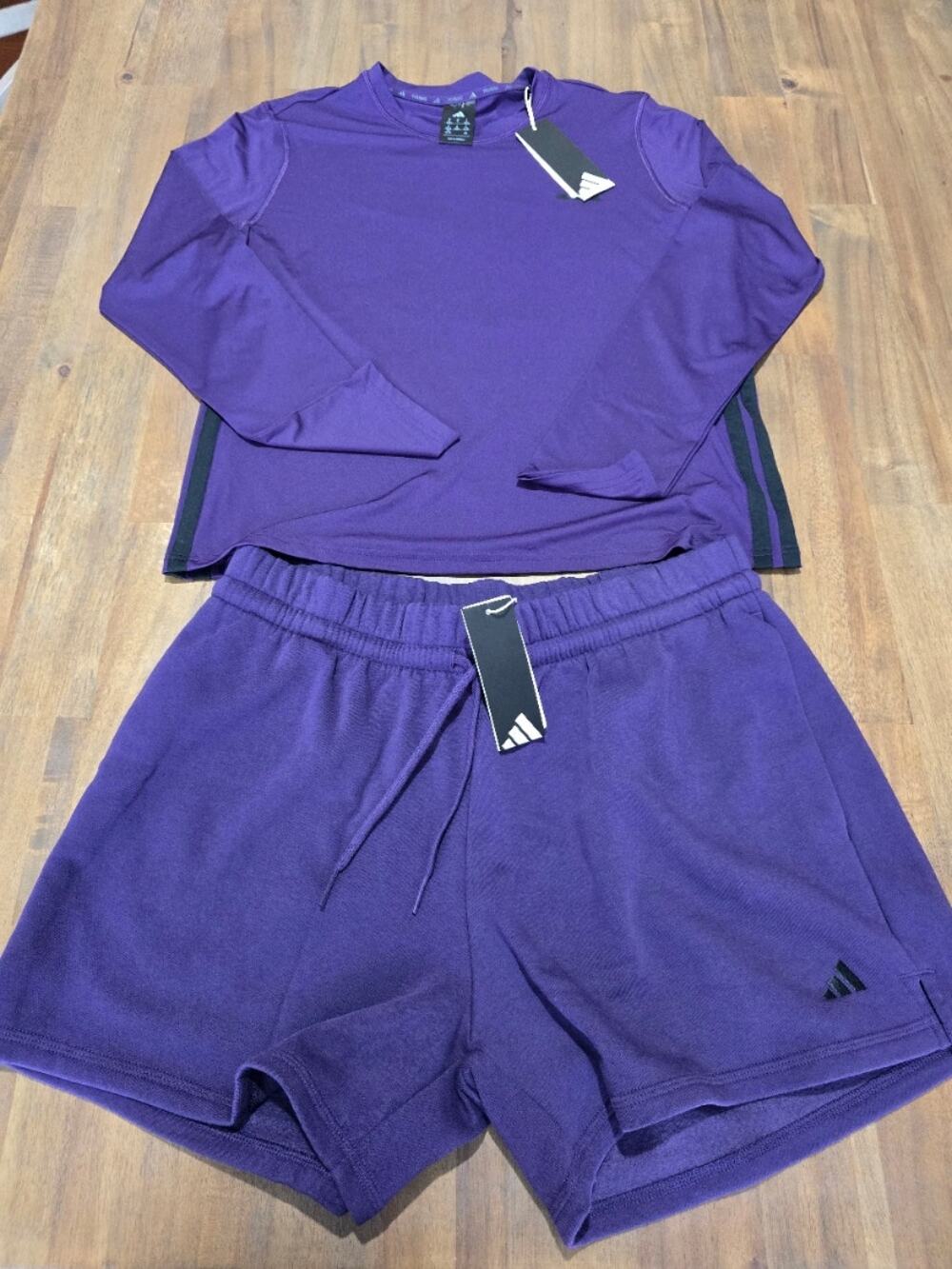 Adidas Womans Essentials 3-Stripes Long Sleeve Training Shirt/Feel Cozy Shorts - Picture 1 of 11